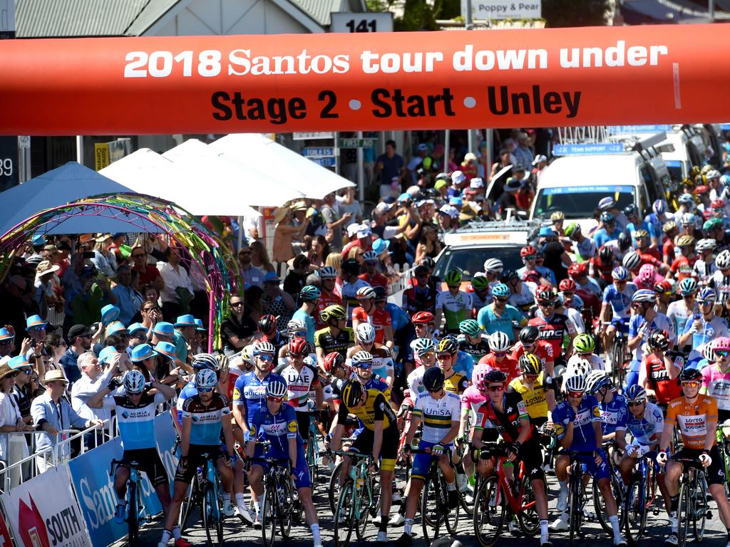 Riders at the start line of the Tour Down Under Stage 2, Unley to Stirling. Picture: Tricia Watkinson