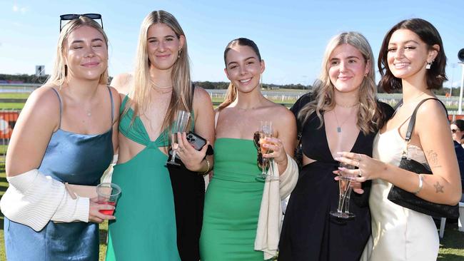 Amber Niven, Maya Van Oeveren, Annie Bartlett, Chloe McKenzie and Jaida Brady at Ladies Oaks Day, Caloundra. Picture: Patrick Woods.