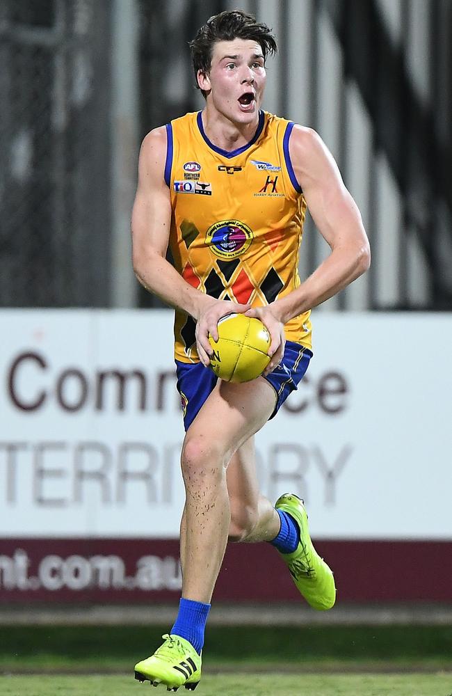 Brodie Newman was a revelation for Wanderers in the key role of centre half-back. Picture: Felicity Elliott / AFLNT Media