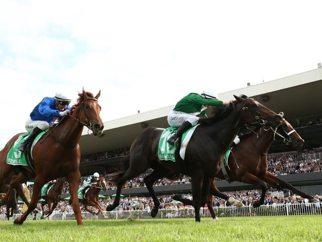 SYDNEY, AUSTRALIA - MARCH 22: Damian Lane riding Marhoona   win Race 8 TAB Golden Slipper during the "TAB Golden Slipper" - Sydney Racing at Rosehill Gardens on March 22, 2025 in Sydney, Australia. (Photo by Jeremy Ng/Getty Images)