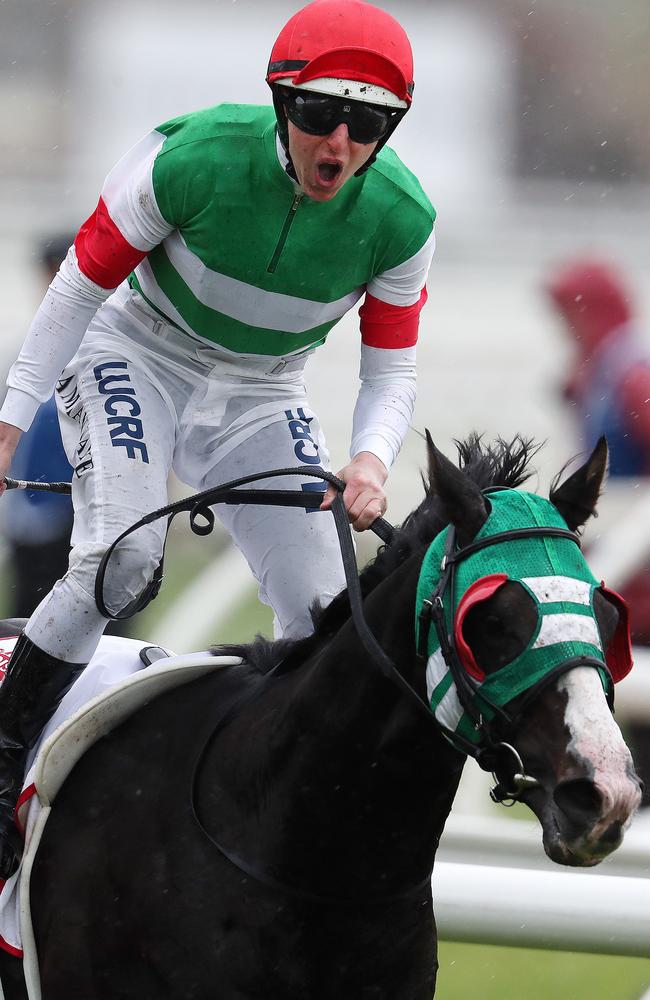 Damian Lane roars his approval as Japan’s Mer De Glace takes out the Caulfield Cup. Picture: Micheal Klein