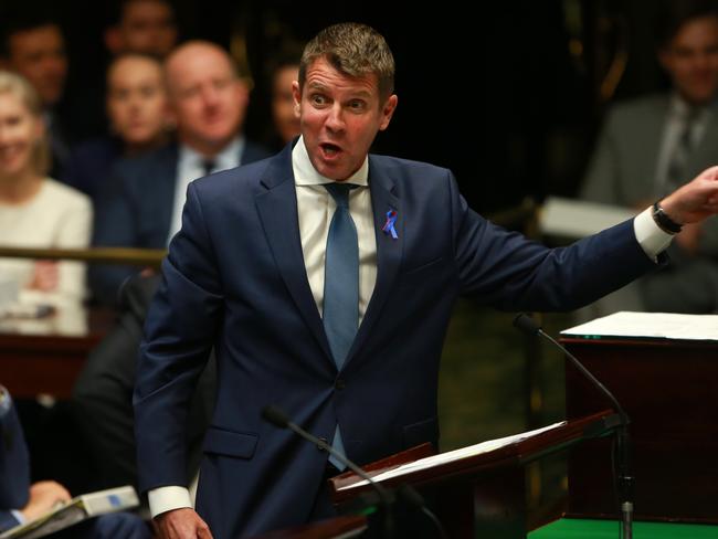 A very animated NSW Premier Mike Baird answers questions from the opposition on greyhound industry during question time yesterday.