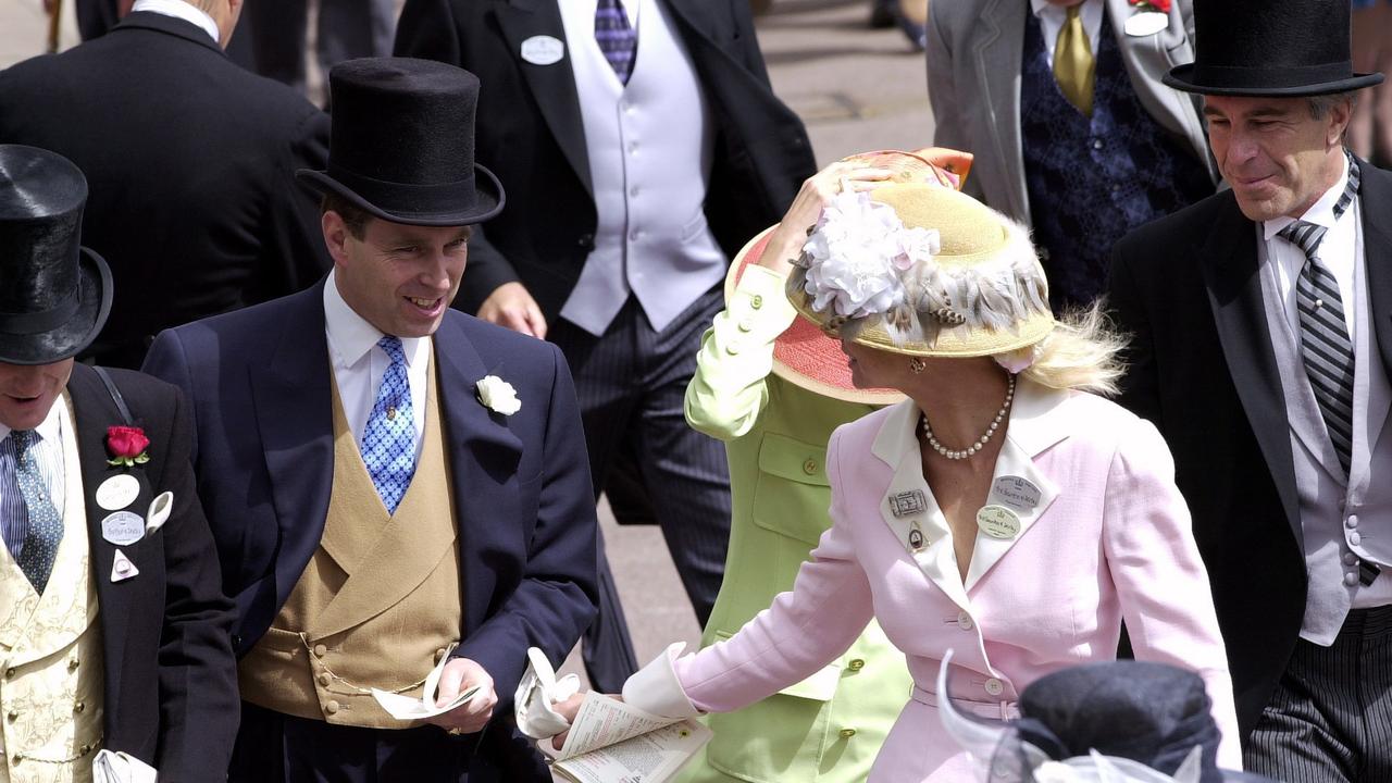 Prince Andrew and Jeffrey Epstein (top right), were long-time friends, here they are pictured with Epstein’s alleged pimp, Ghislaine (in the green outfit) at the Royal Ascat in June 2000. Picture: Tim Graham Photo Library via Getty Images.<br eom-tag-name="br"/>