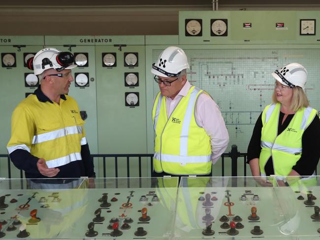 Prime Minister Scott Morrison visits the Trevallyn Power Station in Launceston to invest in cleaner energy and to bring down energy costs for Businesses around the country. Picture: Adam Taylor