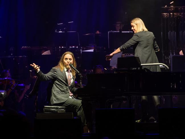 Tim Minchin and conductor Jessica Gethin with the West Australian Symphony Orchestra. Picture: Corey James