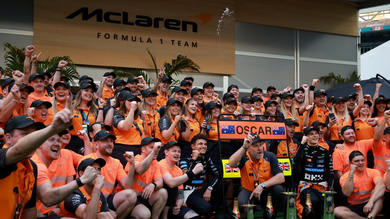 McLaren celebrate after their one-two finish at the Miami Grand Prix. (Photo by Hector Vivas/Getty Images)