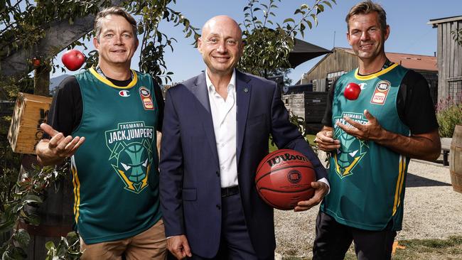 Owner of the NBL Larry Kestelman alongside co-founders of Willie Smith's, Sam Reid and Andrew Smith as they have jumped on board as a major sponsor. Picture: Zak Simmonds