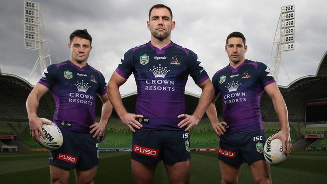 Cameron Smith with Cooper Cronk and Billy Slater. Pic: Michael Klein