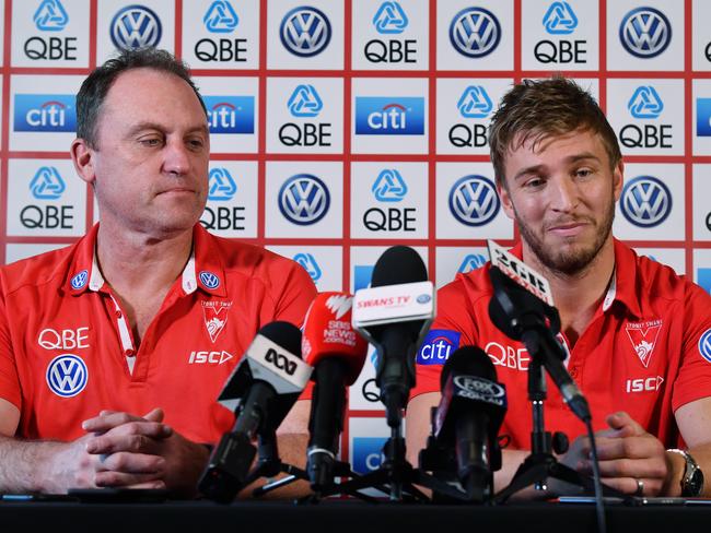 Swans coach John Longmire with co-captain Kieren Jack announcing Jack’s retirement this week. Picture: Dean Lewins