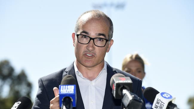 Education Minister James Merlino addressing the media at Monday’s press conference. Picture: NCA NewsWire / Andrew Henshaw