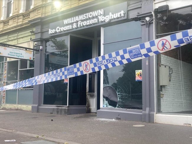 Police tape blocks the shop after it was targeted twice in 24 hours.