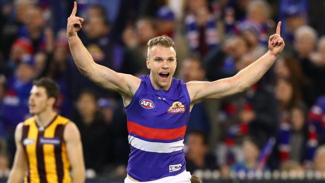 Jake Stringer celebrates a goal against Hawthorn in the semi-final.