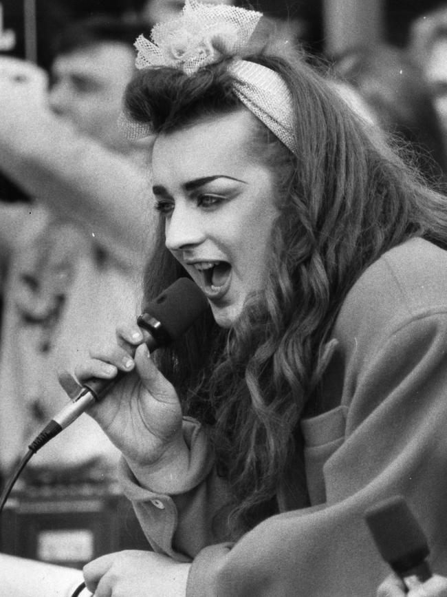 Boy George sings to the crowd of fans in Rundle Mall.