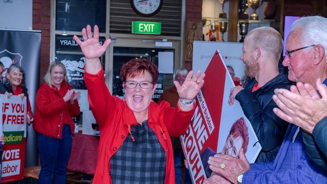 Labor candidate for Braddon Anne Urquhart celebrates her resounding win in the 2025 Federal election, with supporters at her Ulverstone post election gathering. Picture Simon Sturzaker