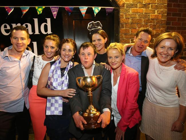 While dad was at home Melbourne Michelle Payne celebrated with her brothers and sisters Andrew, Cathy, Michelle, Stephen, Margaret, Bernadette, Patrick and Therese. Picture: Yuri Kouzmin.