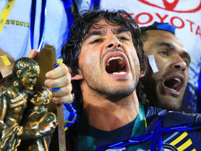 Johnathan Thurston of the Cowboys with the NRL Premiership thophy after their win  during the NRL Grand Final between the Brisbane Broncos and the North Queensland Cowboys at ANZ Stadium, Homebush.     pic Mark Evans