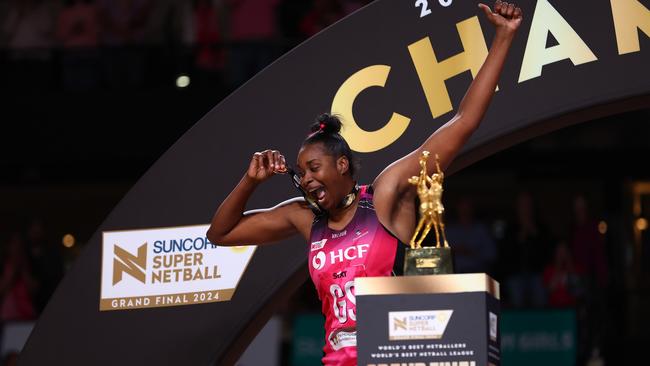 Romelda Aiken-George of the Thunderbirds celebrates winning player of the match during the Super Netball Grand Final match between Adelaide Thunderbirds and Melbourne Vixens. Photo: Getty Images