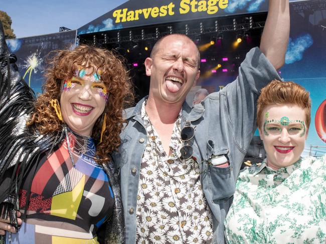 ADELAIDE, AUSTRALIA - Advertiser Photos OCTOBER 29, 2023: Emily Hughes (30) Brisbane, Tom Polson (30) Brisbane, Melody (32) Brisbane at Harvest Rock II, day 2, Rymill Park, Adelaide. Picture: Emma Brasier