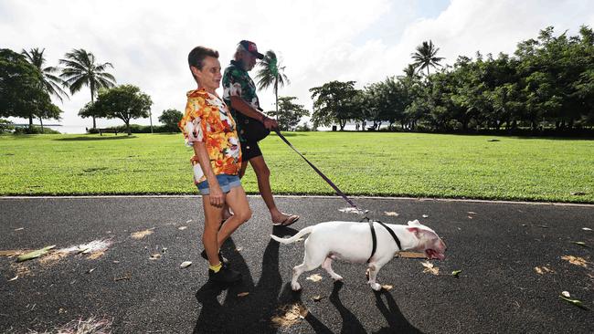 Debbie Caine and Lofty Caine walk their dog Millee in the RSPCA's Million Paws Walk fundraiser, held along the Cairns Esplanade. Picture: Brendan Radke