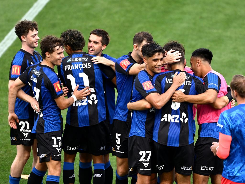 Louis Verstraete of Auckland FC celebrates after scoring a goal during the round 17 A-League Men match between Auckland FC and Macarthur FC at Go Media Stadium, on February 01, 2025, in Auckland, New Zealand. (Photo by Hannah Peters/Getty Images)