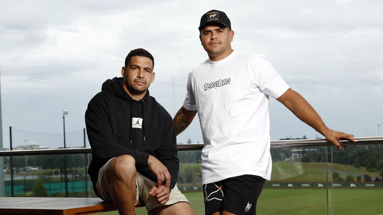 DAILY TELEGRAPH 2ND APRIL 2024 Pictured at Souths training Centre of Excellence at Heffron Park in Maroubra are Rabbitohs stars Cody Walker and Latrell Mitchell ahead of their trip to visit young kids in Moree which is facing a youth crime crisis. Picture: Richard Dobson