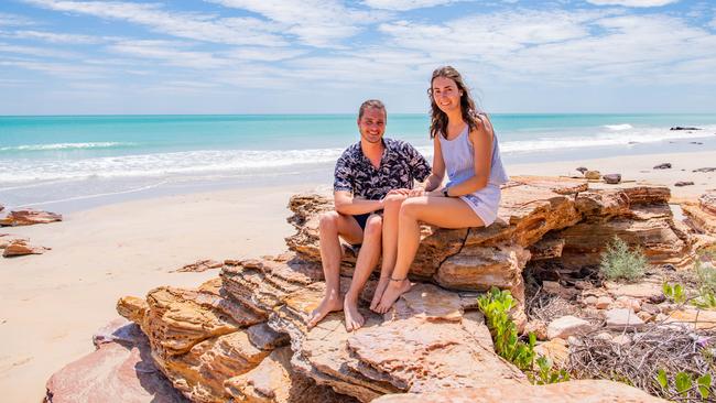 Joelle Matier and Jonathan Dean pictured at Cable Beach in Broome on Tuesday. Picture: Abby Murray