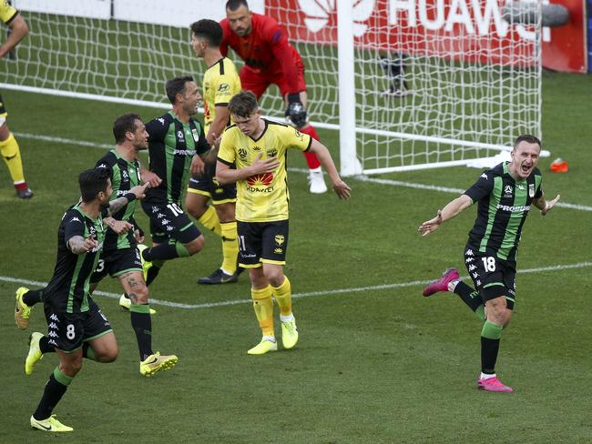 WELLINGTON, NEW ZEALAND - OCTOBER 13: Besart Berisha of Western United celebrates after scoring a goal during the Round 1 A-League match between the Wellington Phoenix and Western United FC at Westpac Stadium on October 13, 2019 in Wellington, New Zealand. (Photo by Hagen Hopkins/Getty Images)