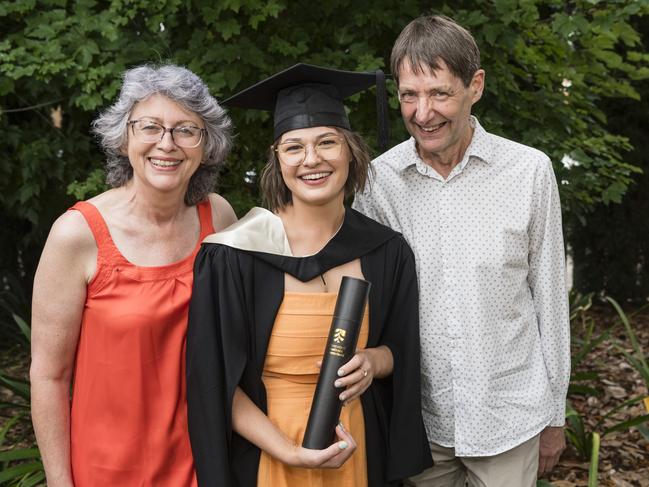 First-class honours Bachelor of Creative Arts graduate, University Medal recipient and Valedictorian Aimee Rowland with Anna and Peter Rowland at a UniSQ graduation ceremony at Empire Theatres, Tuesday, February 13, 2024. Picture: Kevin Farmer