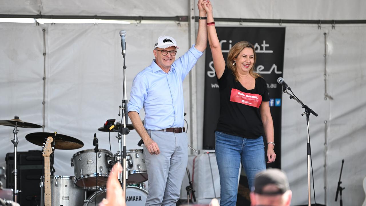 Labor leader Anthony Albanese is introduced by Queensland Premier Annastacia Palaszczuk at a Labour Day rally in Brisbane. Picture: NCA NewsWire/Dan Peled