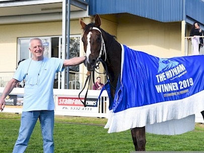 Trainer Glenn Stewart and Mylex after winning The Hotham at Ballarat. Picture: Pat Scala/Racing Photos