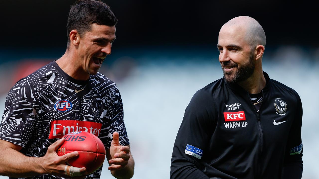 Collingwood pair Scott Pendlebury and Steele Sidebottom are both yet to recommit beyond 2024. Picture: Dylan Burns / Getty Images