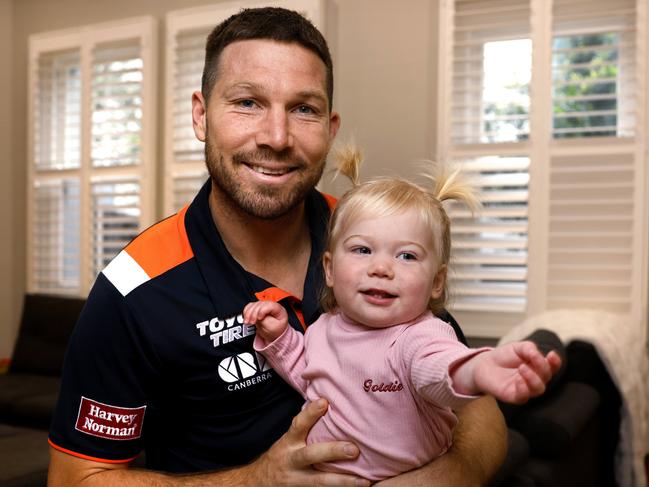 Toby Greene is looking forward to running out with his daughter Isla for the first time in his 250th AFL game. Picture: Phil Hillyard