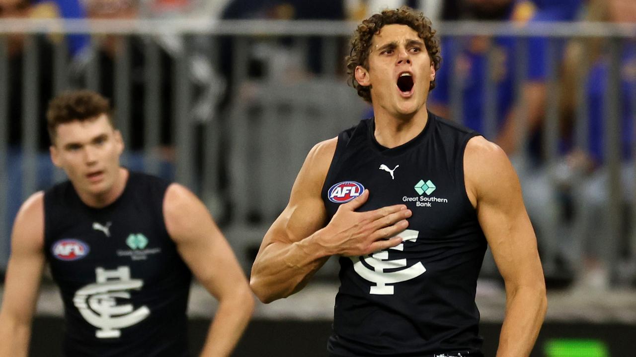 Charlie Curnow celebrates one of his nine goals. Picture: Will Russell/AFL Photos via Getty Images