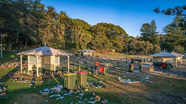 Trash was strewn across Beach Park at Bronte on the morning after the Christmas Day 2024 bash. Picture: NewsWire / Flavio Brancaleone