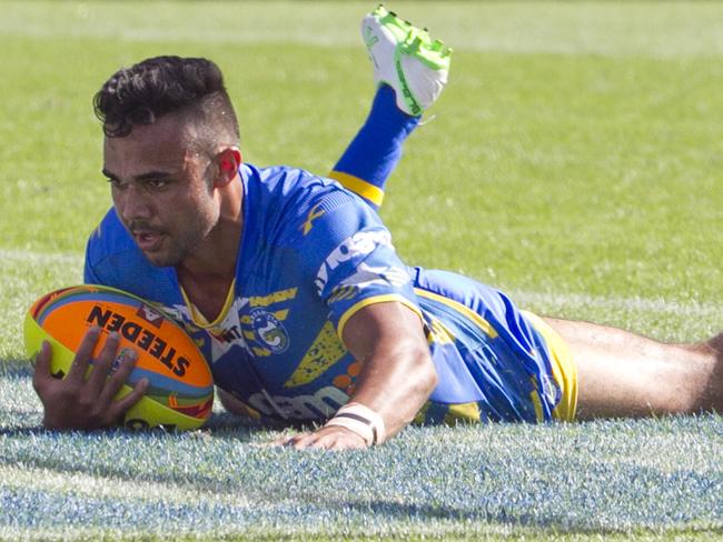 Eels speedster Bevan French scores a try during the 2016 Auckland Nines. Picture: Jenny Evans