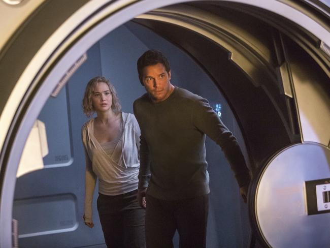 Jennifer Lawrence’s Aurora Lane and Chris Pratt’s Jim Preston fall in love inside a spaceship in a scene from Passengers. Picture: Jaimie Trueblood / Columbia Pictures / Sony via AP