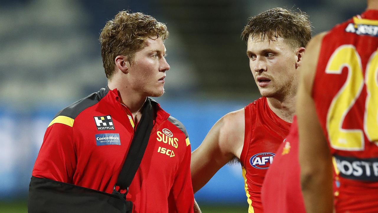 Matthew Rowell returned to the ground with his arm in a sling against the Cats in Round 5. Picture: Daniel Pockett/Getty Images