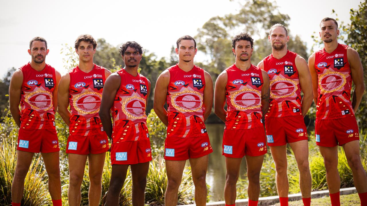 The Gold Coast Suns in their special edition Darwin/Larrakia Indigenous Guernsey for the two Darwin matches.