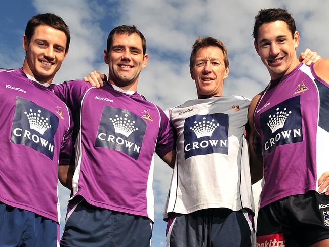 Melbourne Storm coach Craig Bellamy, Cooper Cronk, Cameron Smith and Billy Slater.