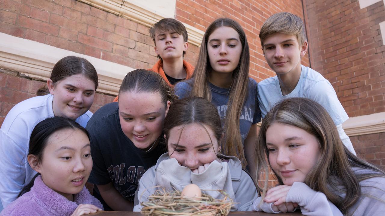 Minea Tao, Joshua Walkington, Eliza Kinniburgh, Eddie Pocknee, Chelsea Rogers, Sammy Cheetham, Majella Ford, Taya Forster, with Larry the egg as part for the upcoming 2024 IMPACT junior ensemble's production Our Egg Named Larry. Picture: Christine Schindler