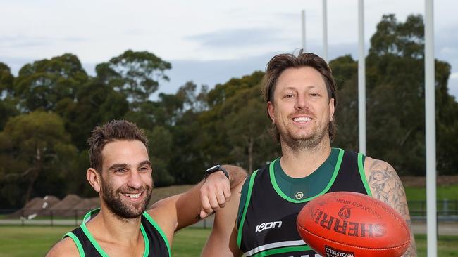 Former Australian test cricketer James Pattinson will be playing football with the Doveton FC in Division 2 of the Southern Football League this weekend. James is pictured with his great mate Michael Cardamone who is the playing coach. Picture: Ian Currie