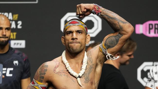 Alex Pereira of Brazil poses on stage during the UFC 287 ceremonial weigh-in at Kaseya Center on April 07, 2023. (Photo by Jeff Bottari/Zuffa LLC via Getty Images)