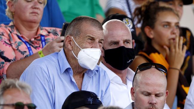 Jeff Kennett, Outgoing President of the Hawthorn Football Club and former Tasmanian Premier Peter Gutwein watch on from the stands during the 2022 AFL Community Series match between the Hawthorn Hawks and the Richmond Tigers at Devonport Oval on March 5, 2022 In Devonport, Australia. (Photo by Dylan Burns/AFL Photos via Getty Images)