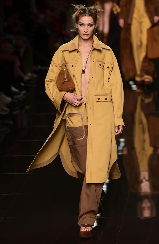 A Fendi trench as seen on Bella Hadid. Picture: AFP