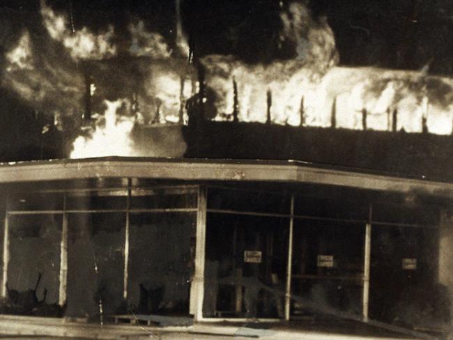 DIGITALLY ALTERED - Whiskey Au Go Go Nightclub fire - file pic 09 mar 1973. cnr St Paul's Terrace and Amelia St Fortitude Valley at 2.15 am after the firebomb. fires qld crime murder .John Stuart & James Finch jailed for life Picture: Supplied