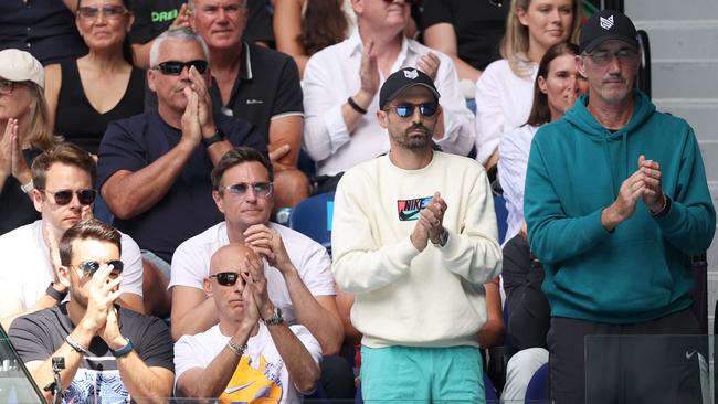 Sinner’s team at the Australian Open from left physiotherapist Giacomo Naldi, fitness coach Umberto Ferrara, coach Simone Vagnozzi and Darren Cahill. Picture: Getty Images