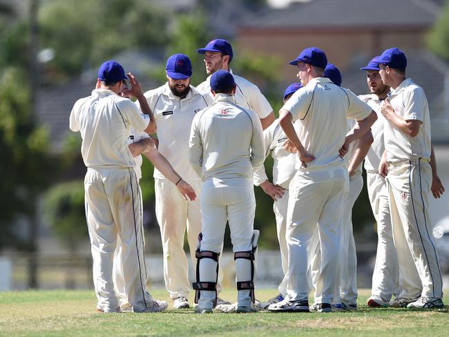 ECA (Dunstan Shield): Surrey Hills versus East Doncaster at Surrey Park (Oval No.1), Box Hill. Surrey Hills players celebrate the wicket of batsman R Sayer bowled for 62 by L Webber.