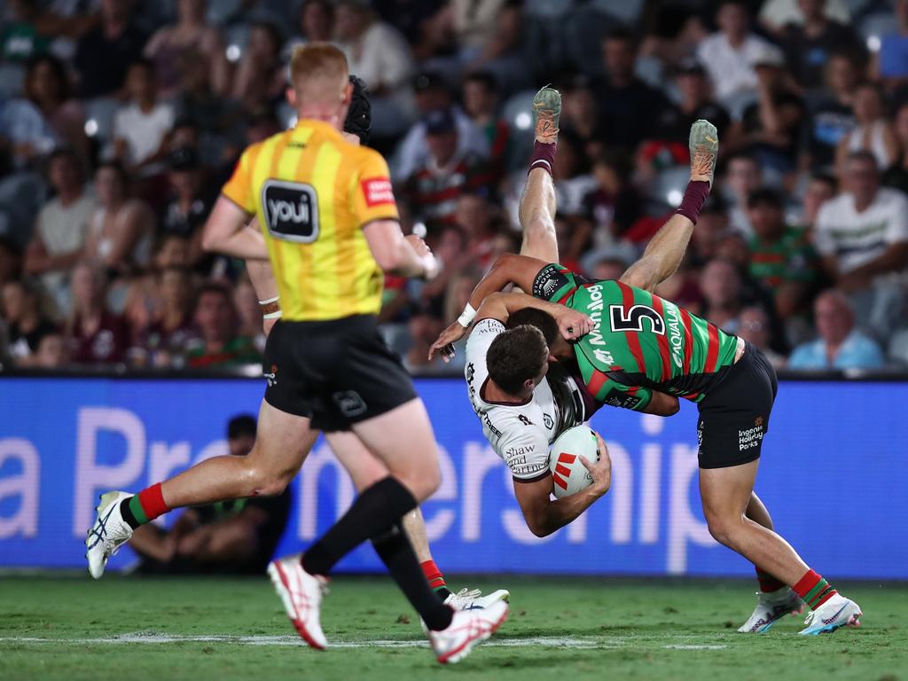 Leon Te Hau of the Rabbitohs is facing a suspension for this tackle on Fletcher Myers of the Sea Eagles. Picture: Jason McCawley/Getty Images