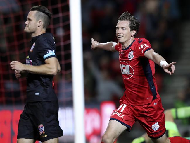 SOCCER - 26/10/18 - A-LEAGUE - Adelaide United v Newcastle Jets at Coopers Stadium. Craig Goodwin scores the equaliser. Celebrating his goal.  Picture SARAH REED