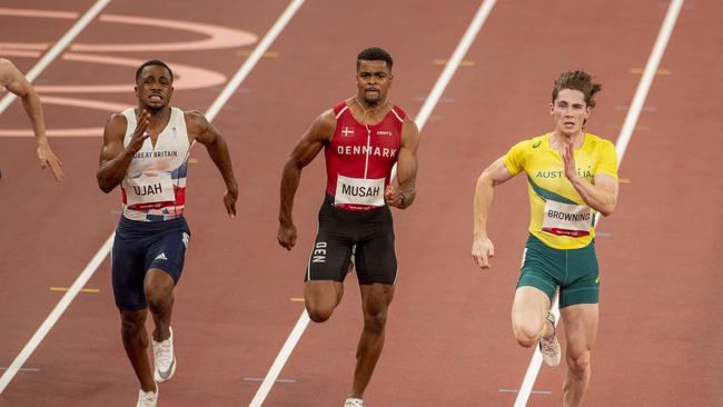 Rohan Browning of Australia in lane one winning heat seven of the 100m preliminary round for men with Kojo Musah of Denmark in lane two and Chijindu Ujah of Great Britain in lane three. Photo by Tim Clayton/Corbis via Getty Images